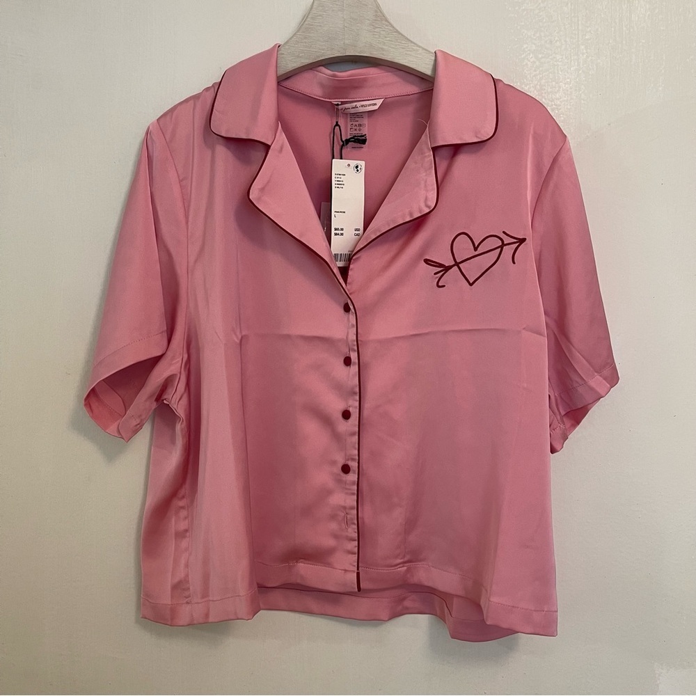 Out From Under x Wild Lovers Pink Pajama Shirt Button Down Heart Satin Large - Picture 13 of 14